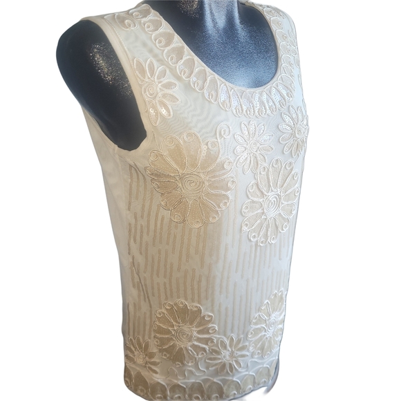 J. Janet Cream Floral Sequined Sleeveless Top M - Picture 3 of 7